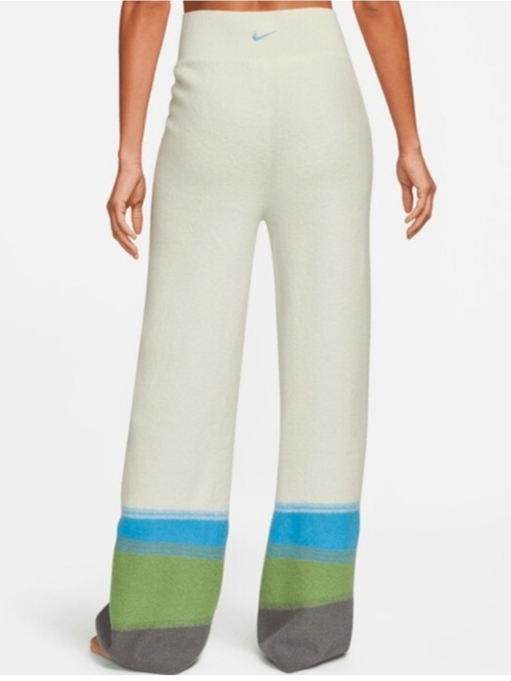 NWOT Nike Cream Knit Wide-Leg Pants with Blue, Green & Gray Bands